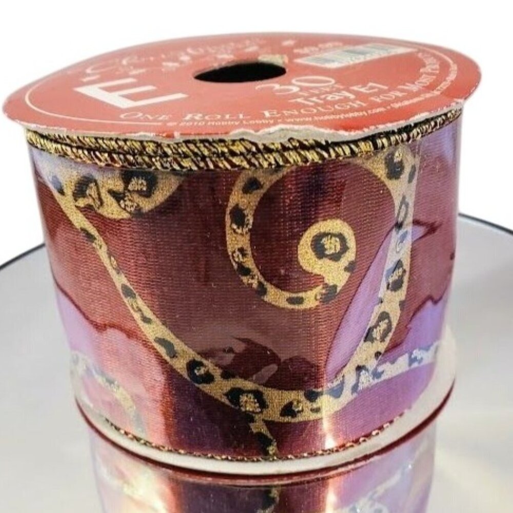 Red Gold Wired Ribbon 30ft Scroll & Leopard Print Accent Christmas Craft Roll